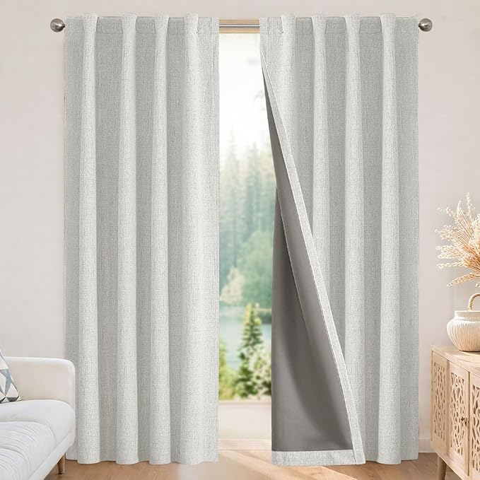 Joydeco 100% Blackout Curtains for Bedroom - Natural Linen Curtains 42" W x 63" L, Thermal Insulated 2 Panels White Light Blocking Drapes, Rod Pocket & Back Tabs, Darkening Privacy for Living Room