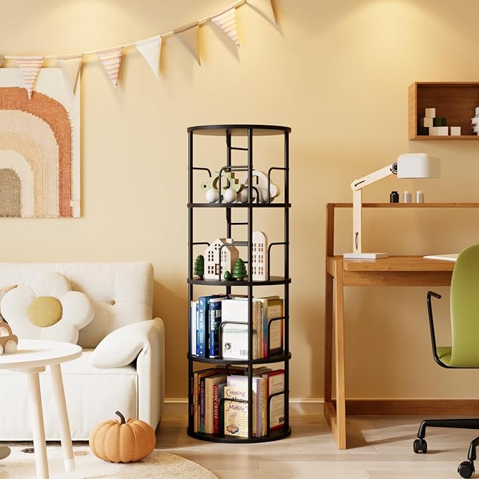 4 Tier Rotating Bookshelf, 360 Display Spinning Corner Bookshelf, Space-Saving Metal Frame Bookcase for Living Room, Office, Bedroom, Black