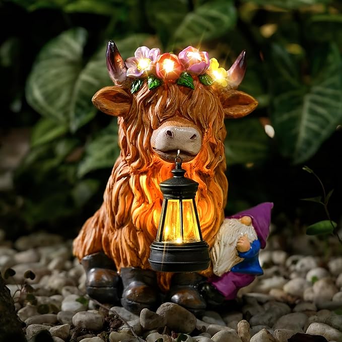 TOLIMI Garden Lantern Statues Resin Highland Cow with Gnome Outdoor Solar Light Decor Funny Decorations for Yard and Patio Gifts