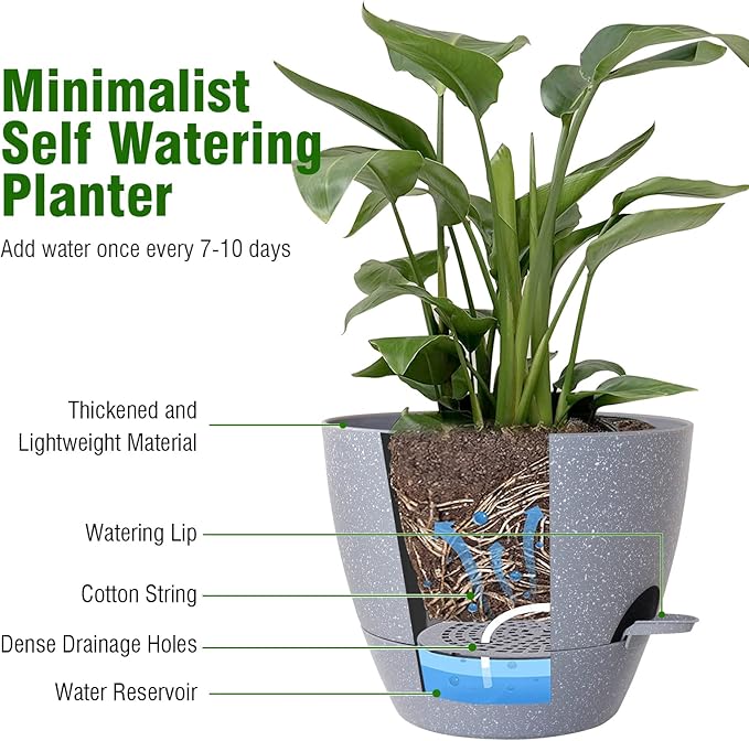 Big Self Watering Pots 12/10/9 inch, Planter, Plant Pots with Mesh Drainage Holes for Indoor Outdoor Garden Plants, Plastic Flower Pots with Removable Deep Reservoir, Speckled Grey