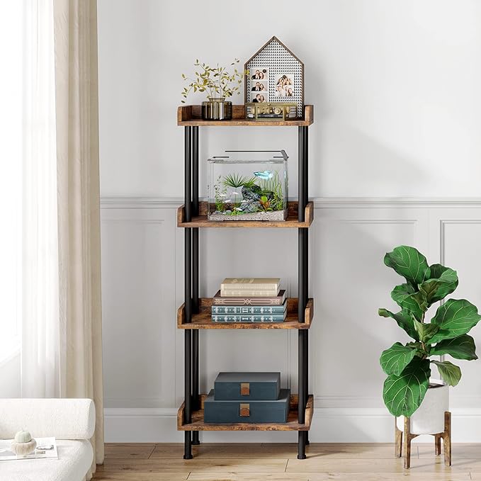 Hosfais Bookcase 4 Tier Bookshelf, Vintage Small Bookshelf for Spaces, Wooden Book Shelf for Living Room Bedroom