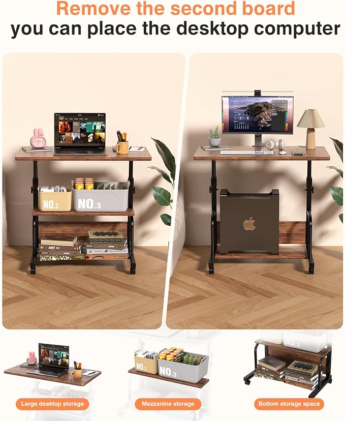 Portable Rolling Desk on Wheels Adjustable Height Desks for Small Spaces, 32" Computer Desk with Storage Shelves for Home Office Rustic