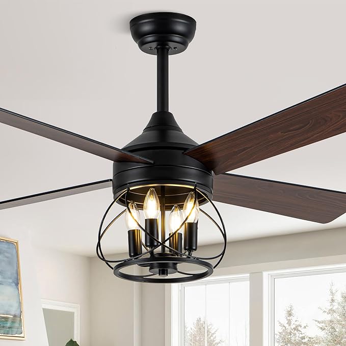 52 Inch Ceiling Fans with Lights, Modern Farmhouse Caged Ceiling Fan, Reversible Motor, 4 Double Finish Wood Blades, Rustic Ceiling Fan for Porch, Living Rooms, Bedroom