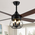 52 Inch Ceiling Fans with Lights, Modern Farmhouse Caged Ceiling Fan, Reversible Motor, 4 Double Finish Wood Blades, Rustic Ceiling Fan for Porch, Living Rooms, Bedroom