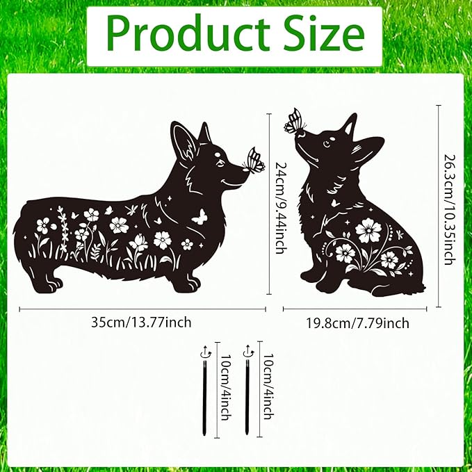 Corgi Metal Garden Stakes Yard Decor, 2PCS Black Corgi Dog Silhouette Statues Garden Decorative Gifts for Yard Art, Patio, Outside, Lawn Ornaments, Dachshund Outdoor, Yard Art