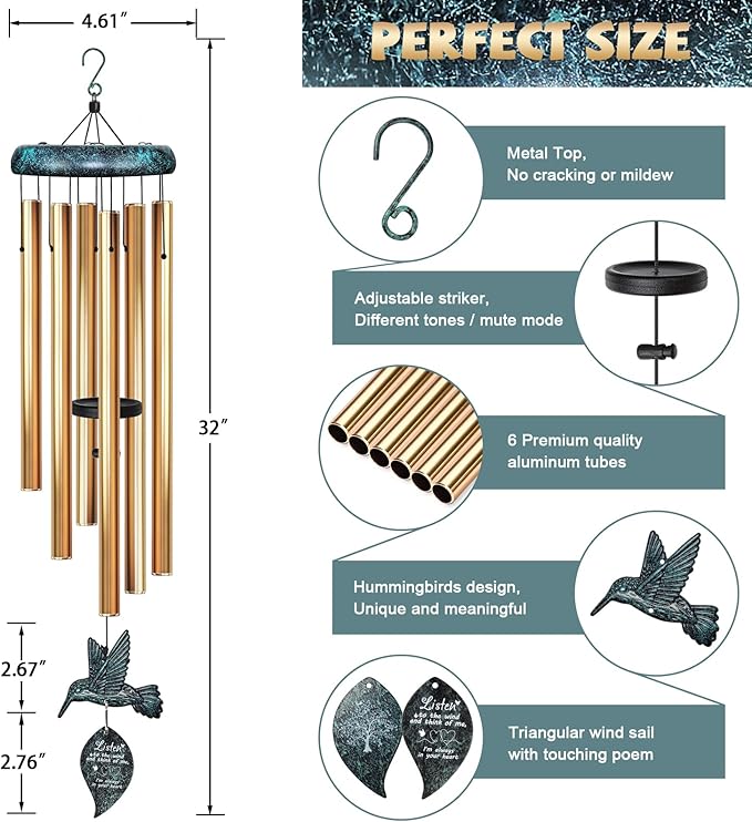 Sympathy Wind Chimes for Outside Deep Tone, Memorial for Loss of Loved One Prime, Bereavement Condolence Remembrance Funeral Gifts for Grieving Friends Loss of Mother Father