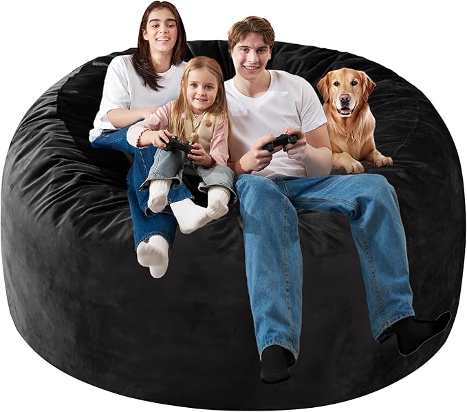 Homguava 6FT Bean Bag Chair Giant BeanBag with Memory Foam Filled, Large Bean Bag Chairs for Adults, Adult Bean Bag Chair with Dutch Velvet Cover for Living Room Bedroom-Black