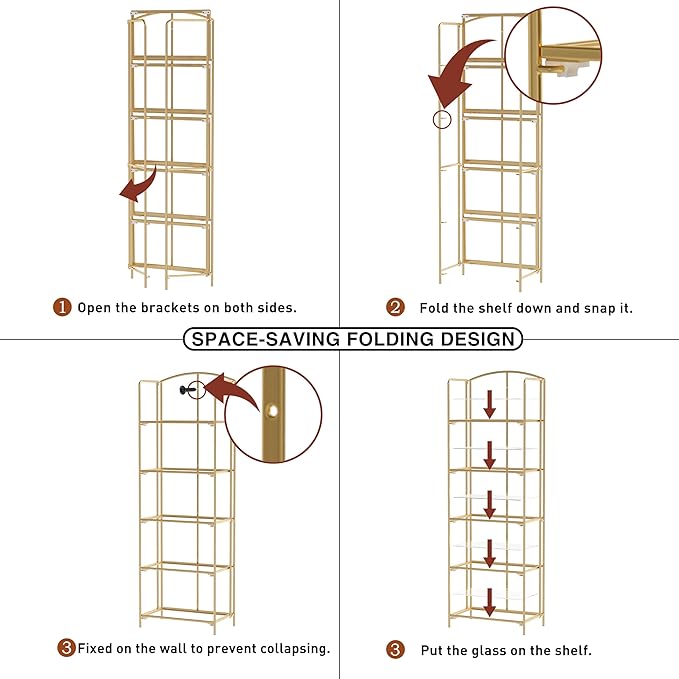 Crofy No Assembly Folding Bookshelf for Living Room, 5 Tier Gold Collapsible Book Shelf for Home Office, Portable Bookcase Storage Organizer