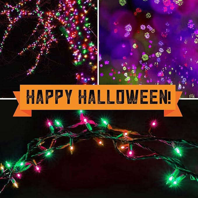 100LIGHTS Orange Purple and Green Extra-Bright with End Connectors Halloween Decorative Lights 5.98m UL Certified Mini String Light Set Waterproof for Halloween Home Garden Tree Party Patio
