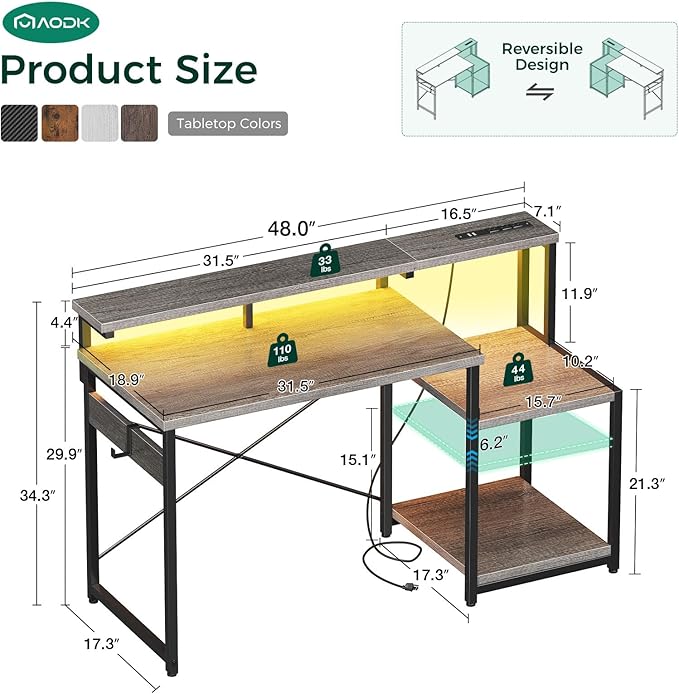 AODK Computer Desk, 48 Inch Gaming Desk with Led Lights & Power Outlet, Office Desk with Storage Shelves, Reversible Desk with Monitor Shelf & Headphone Hook, Grey Oak