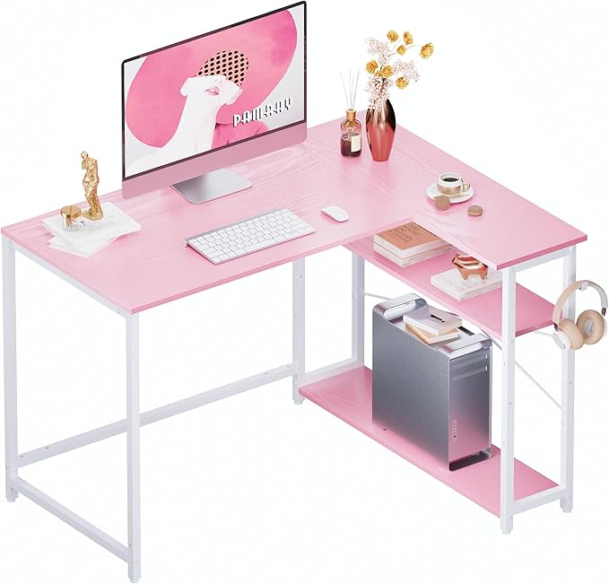 Pamray 43 Inch L Shaped Computer Desk with Reversible Side Storage Shelves, Small Corner Desk for Small Space Home Office,Writing Study Table PC Desk for Bedroom,Pink with White Leg