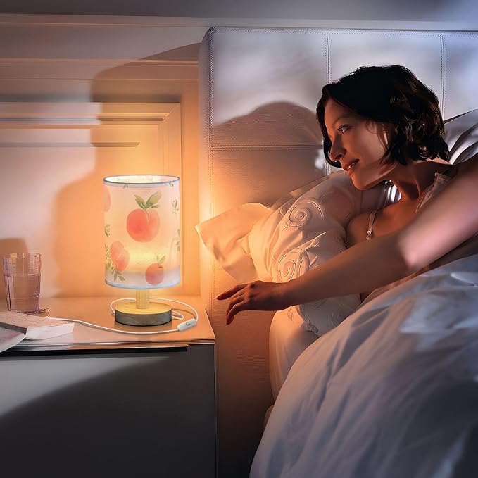Bedside Table Lamp Peach Watercolor Fruit Leaves Pink Nightstand Lamp with Wood Desk Lamps for Bedroom Living Room Nursery Office Home Decor