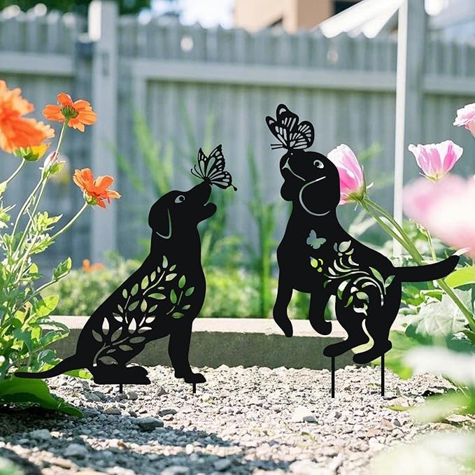 WONDER GARDEN Metal Dog Decor for Outside - 2 Pack Garden Stakes Decorative, Black Dog Silhouette Statues Lawn Ornaments Yard Patio Decor Women Men Mom Gifts