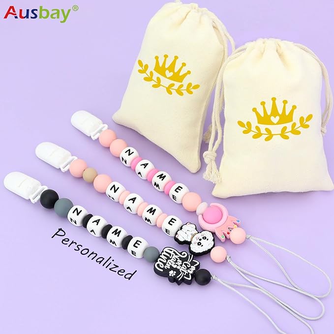 Personalized Pacifier Clip with Name, Custom Animal Pacifier Clip for Baby, Personalized Silicone Pacifier Holder - Boy and Girl Gift (Pink)
