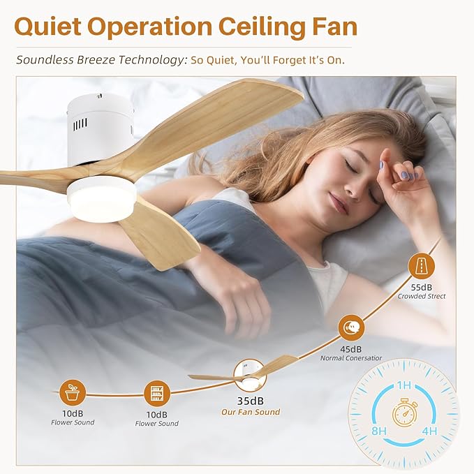 CACI Mall 52 Inch Wood Flush Mount Ceiling Fan with Lights, 3 Blades, Low Profile, Modern, 3CCT, Dimmable, Noiseless, Remote Contral, Outdoor Indoor Ceiling Fans for Bedroom/Farmhouse/Patio