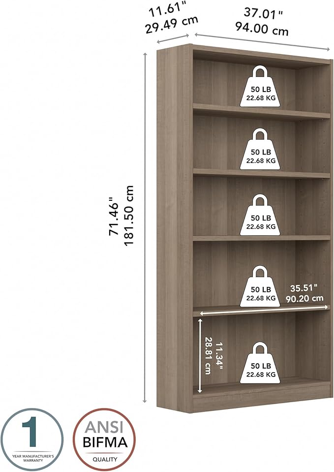 Bush Furniture Universal Tall 5 Shelf Bookcase in Ash Gray