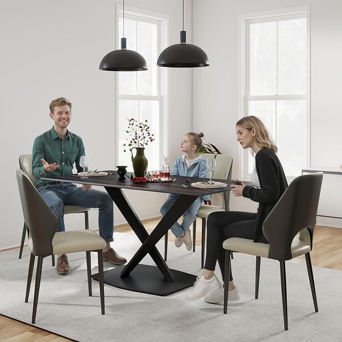 63" Modern Dining Table for 4-6 People, Black Sintered Stone Table Top with X-Shape Carbon Steel Pedestal, Large Rectangular Table for Kitchen Living Room