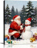 Vintage Santa Claus with Snowman Christmas Canvas Wall Art - Rustic Winter Scene Framed Print for Livingroom & Bedroom, Cozy Farmhouse Christmas Wall Art, Unique Christmas Gifts & Festive Decorations