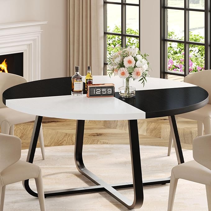 LVB Round Dining Table for 4 to 6 People, Industrial Wood Dining Room Table,51 Inch Farmhouse Kitchen Table for Home Kitchen Living Room,Black and White Oak