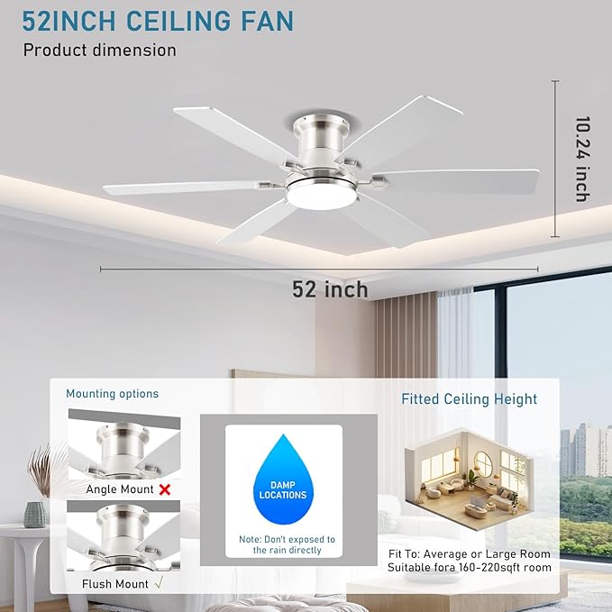 52inch Low Profile Ceiling Fan with Light and Remote/APP Control, LED Dimmable DC ReversibleModern, Flush Mount,6 Blade,Nickel Ceiling Fan for Bedroom Living Room/Outdoor Use