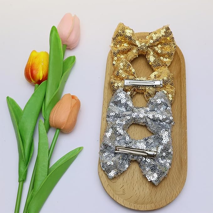 Gold Sequins Hair Bows for Girls Alligator Clips Hair Glitter Handmade Bows Hair Clip Toddler Teens Hair Accessories Gift for All Hair Types