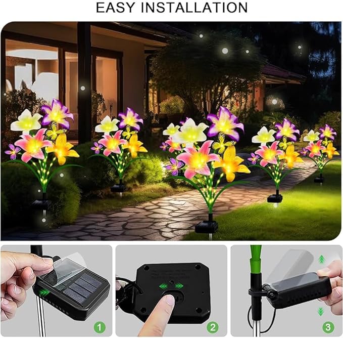 4 Pack Solar Garden Lights LED Solar Lilies Flower Lights, Yard Patio Pathway Decoration High Flexibility Copper Wire Handmade Silk Artificial Flowers Never Wither, Gift for Family Friends