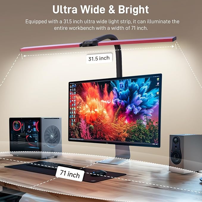 LED Desk Lamp for Home Office, Eye-Caring Desk Light with Clamp, 24W Double Head Architect Task Lamp Stepless Dimming, Flexible Gooseneck Bright Table Lamp for Study Reading Workbench Drafting Red