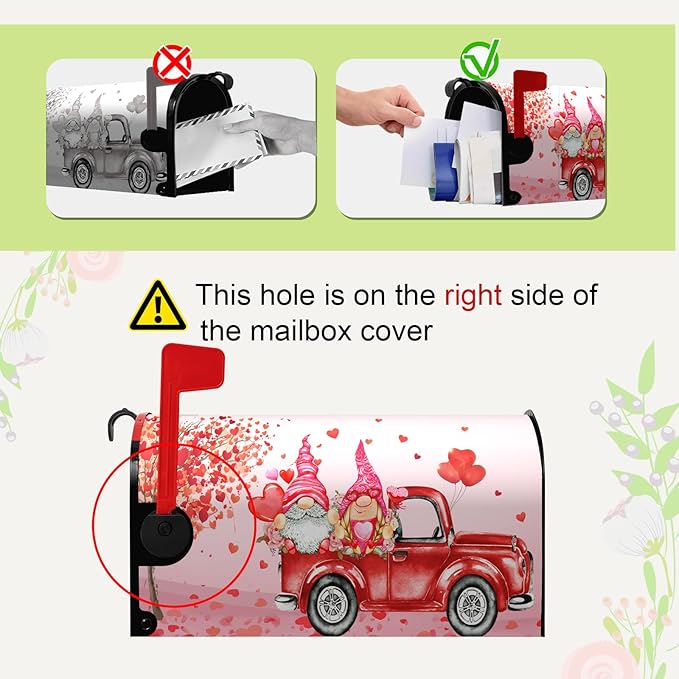 Valentine’s Day Mailbox Cover 18x21 Inch Magnetic Pink Gnomes in Red Truck with Heart Balloons and Love Tree Romantic Mailbox Wrap for Outdoor Yard Decor Waterproof Durable Mailbox Covers