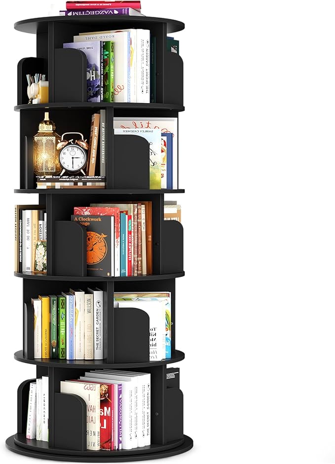 Rotating Bookshelf Tower, 5 Tier Spinning Bookcase, Revolving 360 Book Shelf Narrow Tall Bookcase, Vertical Turning Round Bookshelf Organizer, Wood Corner Book Shelf for Small Space, Black