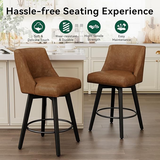Vipbear Swivel Counter Height Bar Stools Set of 4,26.8" H Counter Stools with Back, Mid Century Modern Bar Stools for Kitchen Island,Faux Leather,Wooden Base, Brown