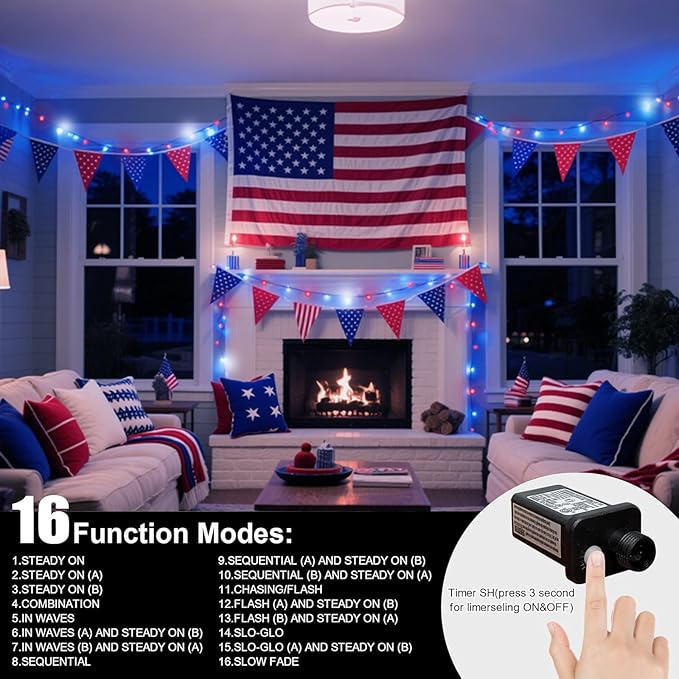 LAMPHOME Red White and Blue Patriotic String Lights, 66ft 200 LED Fairy Lights Plug in, 16 Modes 4th of July Lights Outdoor Waterproof for Independence Day Memorial Day Patriotic Window Decor