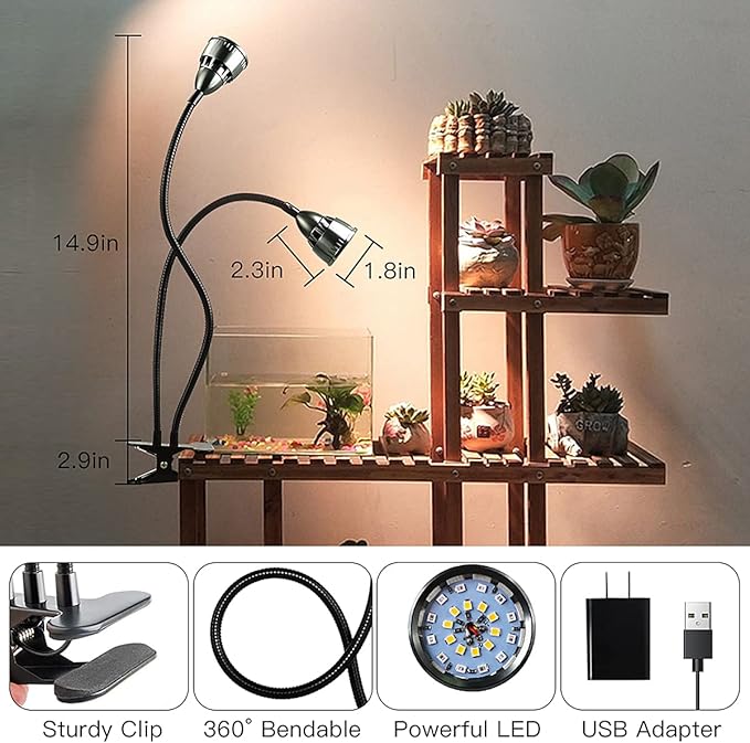 Grow Light for Indoor Plants Growing, Juhefa Gooseneck Clip-on Plant Lamp for Seedlings Succulents Seed Starting,3 Modes & 10-Level Brightness with Timer 3 9 12 Hrs