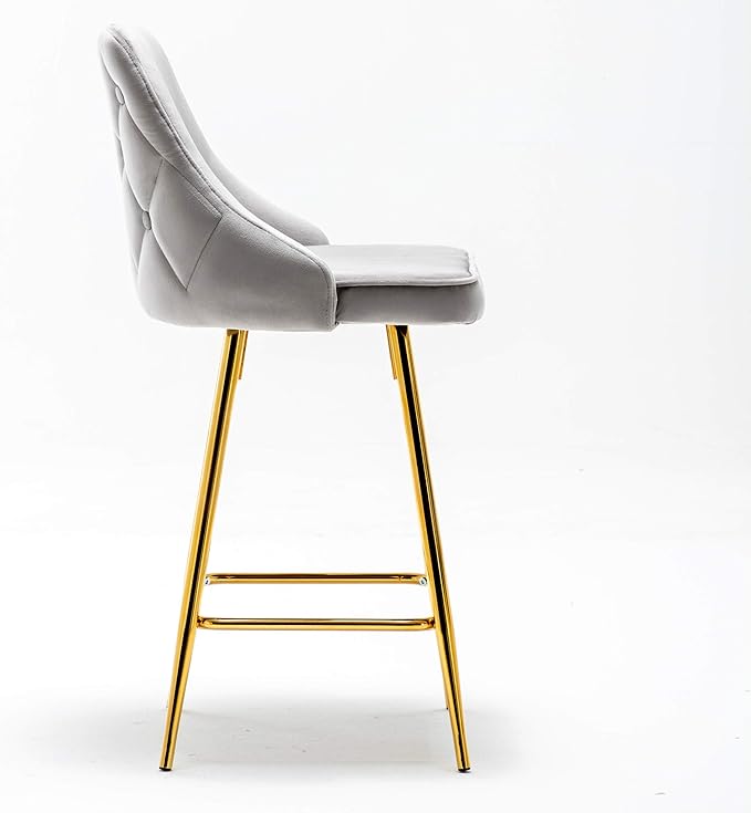 BTEXPERT Set of 2. Upholstered Dining Bar Chairs Footrest High Back Counter Height Barstools, Tufted Grey Velvet Gold Frame 25" Modern Kitchen Island Stool