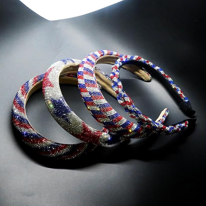 4th of July Rhinestone Headbands for Women Girls Padded Hairband for Girls Red Blue Star Rhinestone Sparkle Head Band Patriotic Hair Accessories