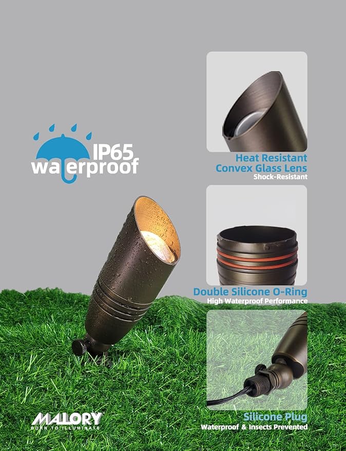 MALORY Brass Landscape Spotlights 12-Pack with Bulb Kit(S02), Low Voltage 12V AC/DC LED Outdoor Spot Uplights for House and Tree,PVC Ground Stake and Wire Connector Included, 5W 2700K Warm White