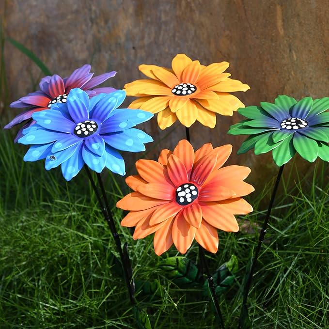 7Pcs/Set Metal Flower Garden Stakes,Metal Eyes Flowers Outdoor Decor Stake Yard Art Decoration,Garden Plant Stick Spring Patio (C)