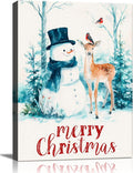 Christmas Snowman with Deer Canvas Wall Art - Rustic Winter Scene Framed Print for Farmhouse Living Room, Cozy Christmas Wall Decor, Ideal Christmas Gifts & Festive Decorations