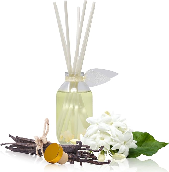 LOVSPA Reed Diffuser Set, Jasmine Vanilla Scented Oil Diffuser with Sticks, Home Fragrance Accessories for Bathroom Shelf Decor, Aroma Diffusers for Home or Office Desk, USA Made