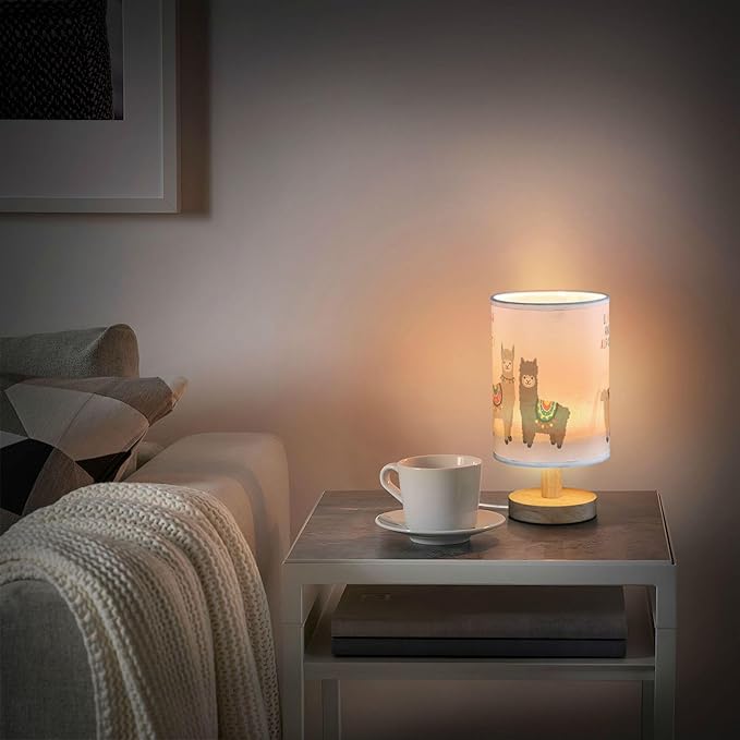 Cute Llama Alpaca Funny Smile Animal Table Lamp with Wood Base Fabric Lamp Shade Bedside Nightstand Desk Lamp for Living Room Bedroom Kids Room Office