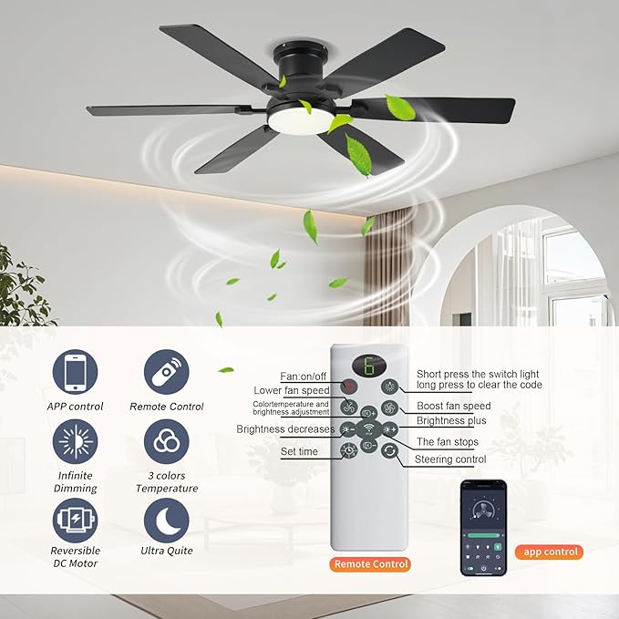 52inch Low Profile Ceiling Fan with Light and Remote/APP Control, LED Dimmable DC ReversibleModern, Flush Mount,6 Blade,Black Ceiling Fan for Bedroom Living Room/Outdoor Use
