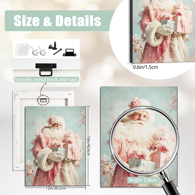 Pink Santa Christmas Canvas Wall Art - Elegant Winter Decor Framed Print for Girls Bedroom, Vintage Christmas Wall Art with Glitter Accents, Ready-to-Hang Christmas Gifts for Women