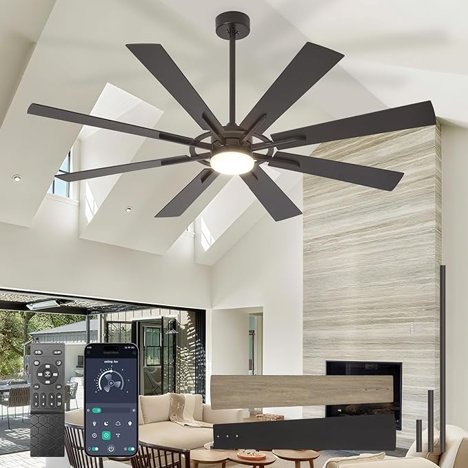 Large Ceiling Fans with Lights: Modern 66 Inch 8 Blade Outdoor Ceiling Fan with Remote APP Control - Dimmable Black Big Fan light Indoor Reversible 6 Speed Quiet DC Motor