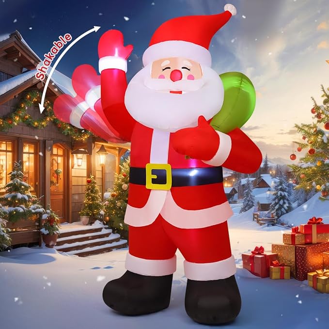 COMIN 9 FT Animated Christmas Decorations Santa Inflatables, Outdoor Christmas Santa Claus Carry Gift Bag&Shaking Hand Blow Up Yard Built-in LEDs for Indoor Xmas Party Garden Lawn Decor