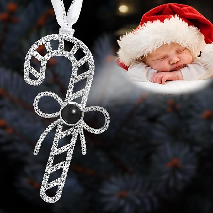 NAZENTI Personalized Christmas Tree Candy Cane Ornament, Custom Projection Photo Decoration for Family, Christmas Bauble, Projection Xmas Tree Decoration with Picture Inside