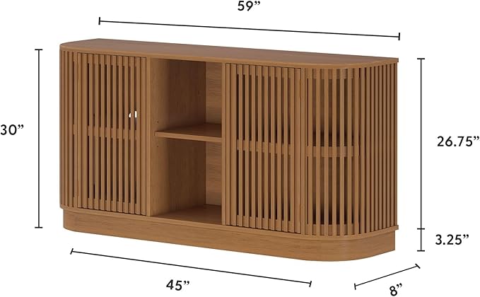 Plank+Beam Contour Wood TV Stand, Two Door Solid Wood Entertainment Console with Storage, 59" L x 16" W x 30" H, Pecan