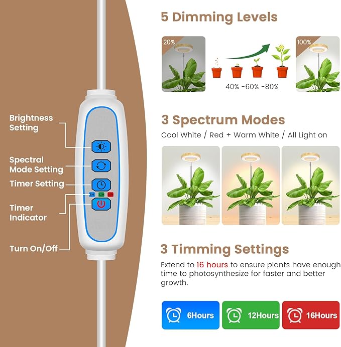Kullinss Grow Light, 48 LEDs Full Spectrum Plant Lights for Indoor Growing with Detachable Base, 6/12/16H Timer, 3 Color Modes, Height Adjustable, Ideal Small Plant Grow Light for Succulents, Herbs