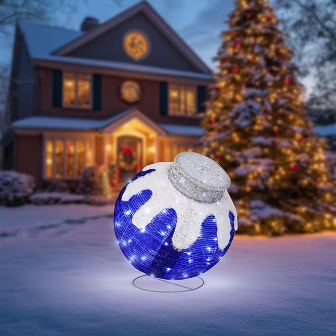 BRIGHTDECK Outdoor Christmas Ornaments, Lighted Pop-Up Outdoor Holiday Ball Decoration with 80 LED Lights, 8 Light Modes, Lighted Collapsible Holiday Decorations for Yard, Home (Blue)