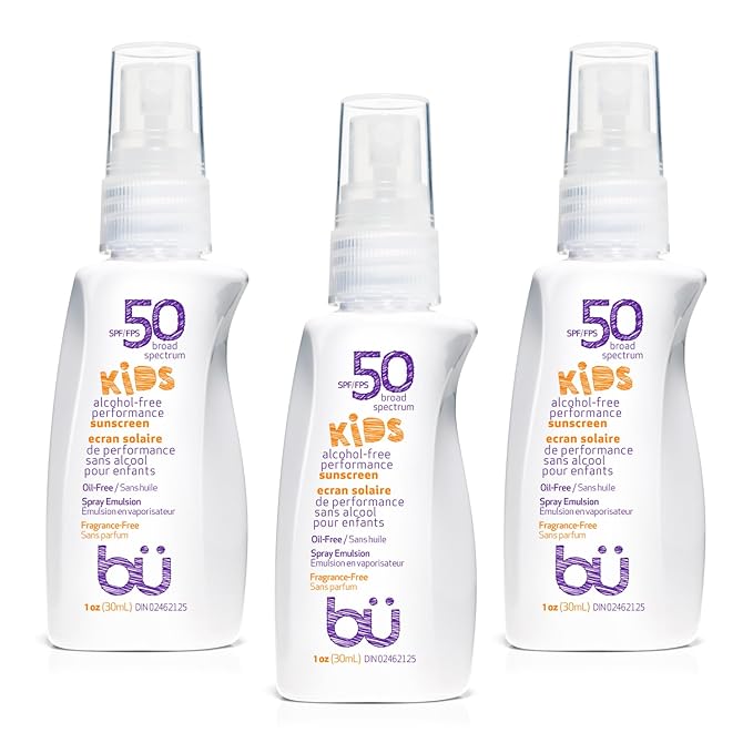 BU SPF 50 Kids Sunscreen Spray for Face and Body, Non Aerosol Spray, Fragrance Free, Clear, Non Greasy, Water Resistant, Fragrance Free 1 oz (3 Pack)