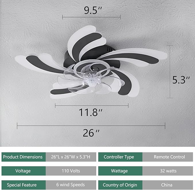 Low Profile Ceiling Fan with Remote &APP Control, Quiet Motor & Dimmable LED Light, Black Flush Mount Ceiling Fan for Bedroom (6-Speed Timer)