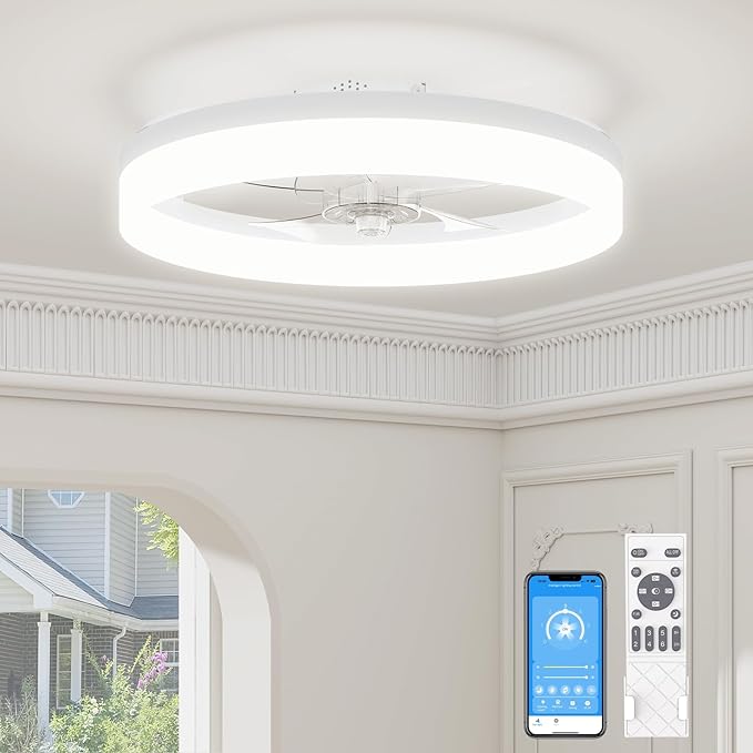 VOLISUN Low Profile Ceiling Fans with Lights and Remote, 19.7in Fandelier Ceiling Fan with Light, 3000K-6500K Dimmable Bladeless LED Fan Light, White Flush Mount Ceiling Fans with Lights for Bedroom